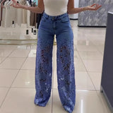 Bethania™ Jeans aus Modernem Denim mit Handgefertigter Blumen-Spitze – Dunkelblau
