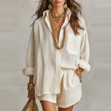 Bellmare™ Set Aus Baumwoll-Leinen Mit Weiter Bluse Und Eleganten Shorts – Apricot