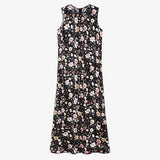 Elegantes Satinkleid - Stricktop-Kombinationsset – Schwarzer Satin mit rosa Blumenmuster