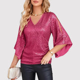 Oryza – Elegante Paillettenbluse mit flatternden Ärmeln – Rosa