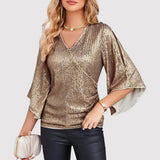 Oryza – Elegante Paillettenbluse mit flatternden Ärmeln – Braun