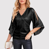 Oryza – Elegante Paillettenbluse mit flatternden Ärmeln – Schwarz