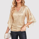 Oryza – Elegante Paillettenbluse mit flatternden Ärmeln – Gold