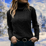 Pullover mit langem kragen und langen armeln für damen – Schwarz