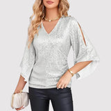 Oryza – Elegante Paillettenbluse mit flatternden Ärmeln – Silber