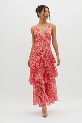 Sarah | Langes Kleid mit V-Ausschnitt und Volants Blume – Rot