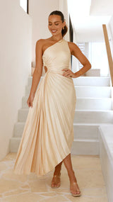 Sylviana - Ein-Schulter Plissiertes Midi-Kleid – Zitrone