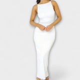 Elegantes ärmelloses Maxikleid mit Raffungen – Weiß