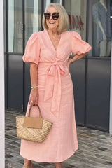 Natasha - Elegantes V-Ausschnitt Kleid – Pink (Fast ausverkauft)