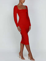 Damen Langarm Quadratausschnitt Midi Etui Kleid – Rot