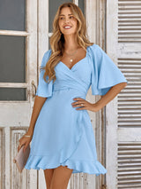 Leichte Wickel Mini Kleid Damen Sommerkleid Kurz Elegant – Hellblau