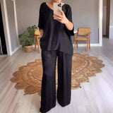 Marevielle™ Set Aus Satinartigem Stoff Mit Lockerer Bluse und Fließender Pantalonhose – Schwarz