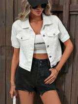 Damen-Jeansjacke mit kurzen Ärmeln und Druckknöpfen – Weiß