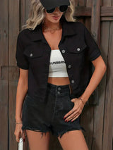 Damen-Jeansjacke mit kurzen Ärmeln und Druckknöpfen – Schwarz