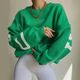 Übergroßer, trendiger pullover mit buchstaben am armel für damen – Grün