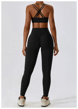 Elegantes 2-teiliges Damen Yoga Outfit mit Hoher Taille Leggings und Oberteil für Sport – Schwarz