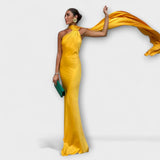 Elegantes Off-Shoulder Halter Maxikleid – Gelb