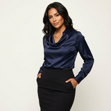 Damen Satinbluse mit Drapiertem Kragen – Blau