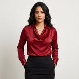 Damen Satinbluse mit Drapiertem Kragen – Bordeaux