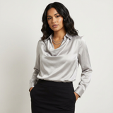 Damen Satinbluse mit Drapiertem Kragen – Grau