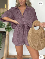 Ivalyn | Retro-inspiriertes Denim-Top und Hosen-Set – Lila