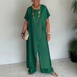 Aurenya™ Set Mit Asymmetrischer Tunika und Fließender Pantalonhose – Grün