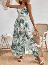 Damen Sommer Kleid mit Blumenmuster | Maxi – Weiß / Grün Blumenmuster