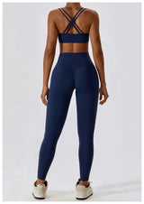 Elegantes 2-teiliges Damen Yoga Outfit mit Hoher Taille Leggings und Oberteil für Sport – Abzeichen Blau