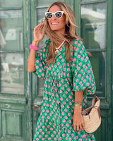 Maila | Bohemian Maxikleid – Grün/Rosa
