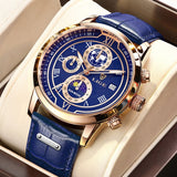 Chronographuhr mit hochwertigem Lederarmband – Blaues Gold
