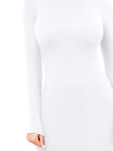 Damen Langarm Rollkragen Midi Etui Kleid – Weiß