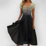 Veronica | Langes Leinenkleid – Gold Schwarz