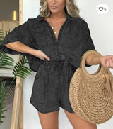 Ivalyn | Retro-inspiriertes Denim-Top und Hosen-Set – Schwarz