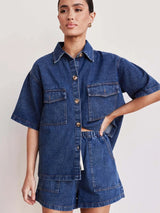 Yvaine | Vintage-inspirierter Denim-Blazer und Hosenanzug – Dunkelblau
