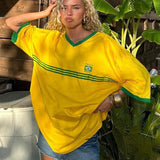 Oversized Damen T-Shirt im Retro-Football-Stil mit sportlichen Details – Gelb