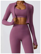 Nahtlose Fitness-Leggings Mit Crop Top Mit Langen Ärmeln & Yoga-BH Für Aktive Frauen – Lila 3PCS-2