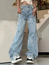 Baggy-Jeans mit Sternen-Design für Damen | Hohe Taille – Himmelblau
