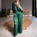 Marevielle™ Set Aus Satinartigem Stoff Mit Lockerer Bluse und Fließender Pantalonhose – Grün