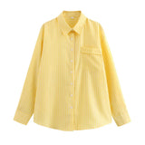 Damen Streifen Kragen Lang Bluse – Gelb