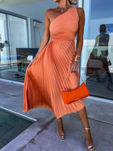 Damenkleid plissiert asymmetrisch elegant | Für Sommer oder festliche Anlässe – Orange