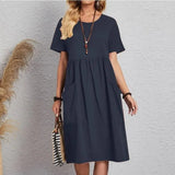 Mira | Midikleid in Marineblau mit kurzen Ärmeln – Dunkelblau