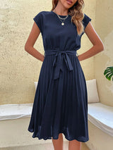 Damen Kurzarm Sommer Midi Etui Kleid – Navyblau