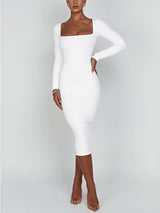 Damen Langarm Quadratausschnitt Midi Etui Kleid – Weiß