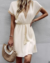 Eleni | V-Ausschnitt Drapiert Boho-Kleid – Beige