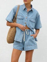 Yvaine | Vintage-inspirierter Denim-Blazer und Hosenanzug – Hellblau