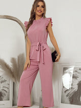Damen Jumpsuit Rüschen Mit Gürtel Eleganter Stil – Rosa