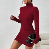 Selena Geripptes Rollkragen Bodycon Minikleid – Rot