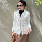 Bellemont™ Jacke aus Premium-Bouclé mit Feinen Fransen und Metallknöpfen / Wo Klassik auf Moderne Trifft! – Weiß
