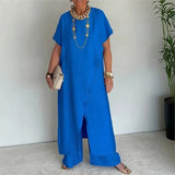 Aurenya™ Set Mit Asymmetrischer Tunika und Fließender Pantalonhose – Blau
