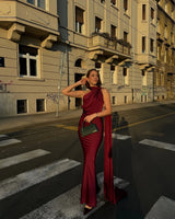 Lucila - Hals Halfter Maxikleid – Burgund